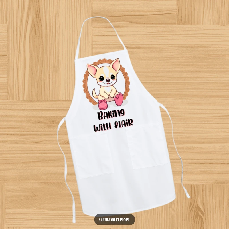 Funny kawaii chihuahua lady character wearing an apron, humorously trying on doll shoes in a kitchen setting.