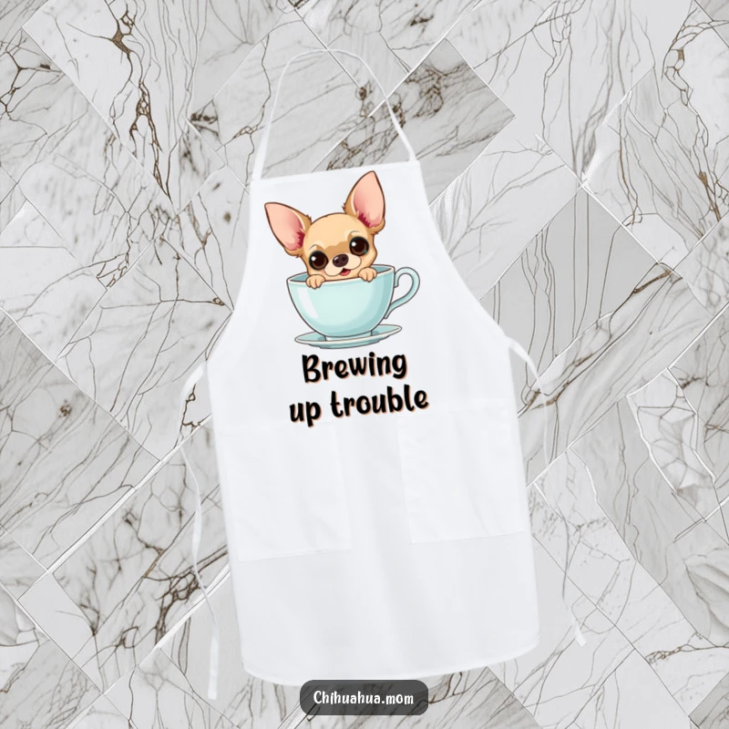 Funny Chihuahua Teacup Apron: A curious chihuahua peeks from a giant teacup with wide eyes, for cooking, gift.