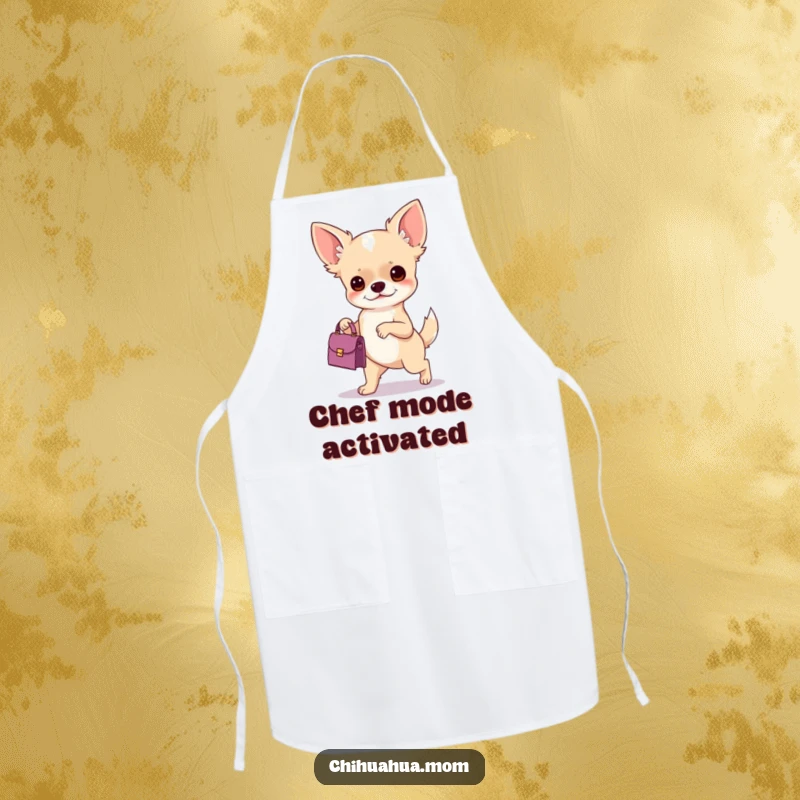 Funny apron with a chihuahua holding a handbag, embodying determination and style for humorous kitchen activities.