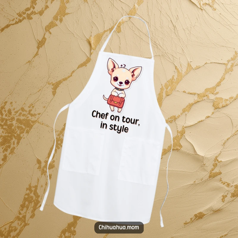 Funny Kawaii chihuahua lady apron featuring a character in a handbag, perfect for stylish chefs.