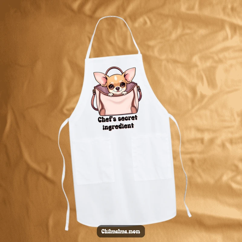 Funny Curious Chihuahua Apron showing a chihuahua peeking from a handbag, ready for funny kitchen tasks with a stylish flair.