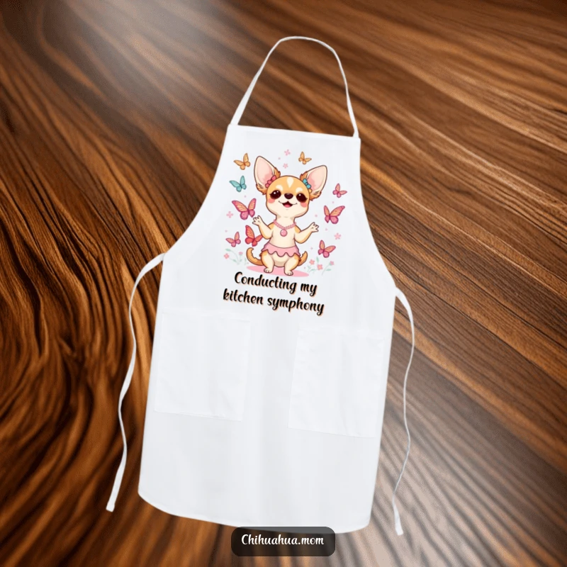 Funny chihuahua lady apron showing her joyfully directing a beautiful choir of butterflies while wearing a chef’s hat, ready for kitchen magic.
