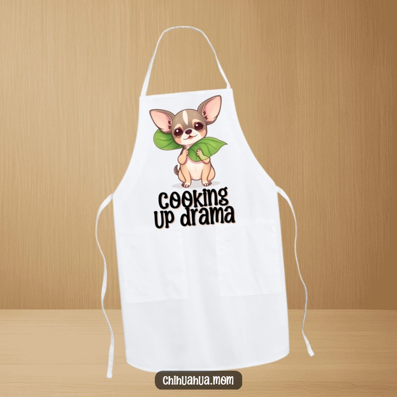 Funny chihuahua fanning itself with a leaf on a kitchen apron, bringing humor to cooking.