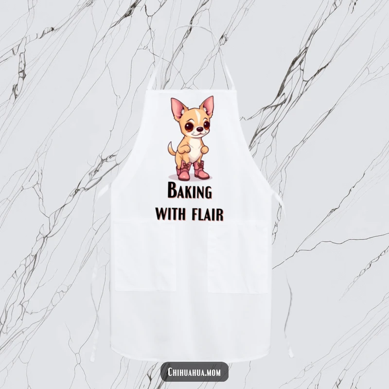 Funny cooking apron featuring a chihuahua wearing tiny boots, prancing proudly, perfect for adding humor and canine charm to kitchen tasks.
