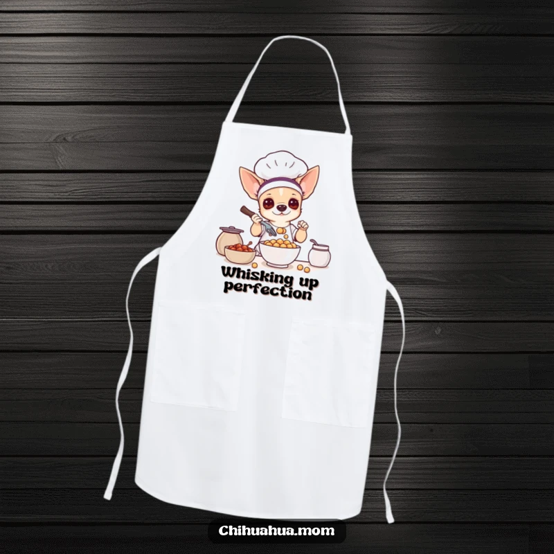 Funny apron: a chihuahua dog in a chef outfit, whisking a bowl of tiny treats.
