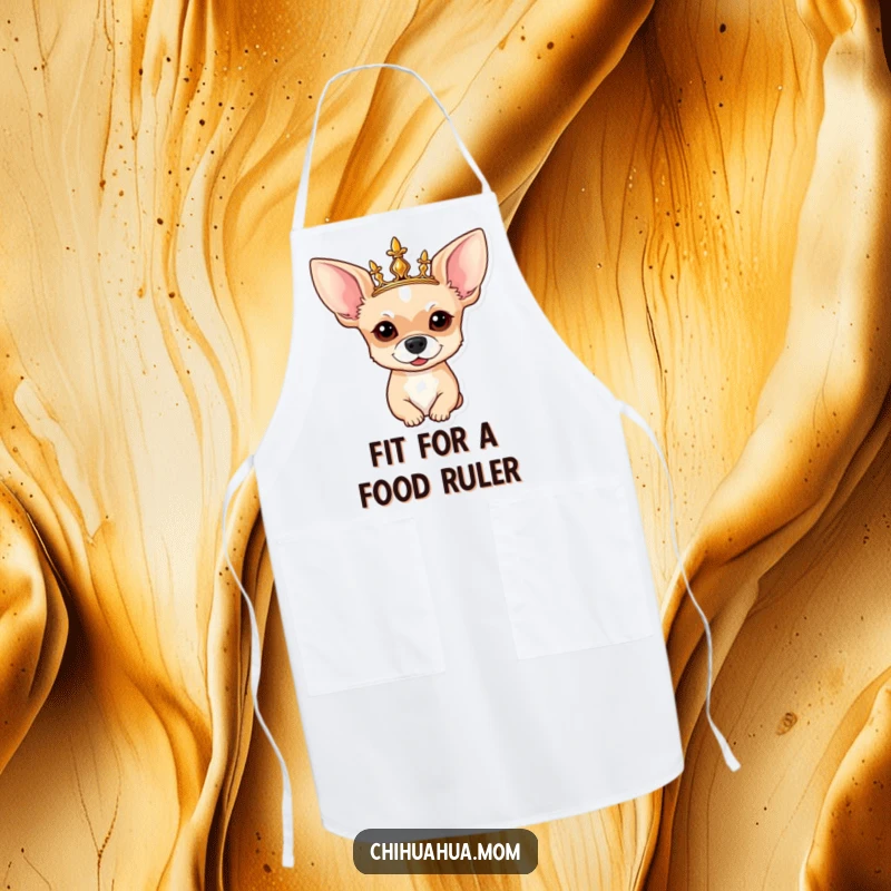 Funny Chihuahua Apron: Chef's apron with a regal chihuahua wearing a golden crown, ready to cook.