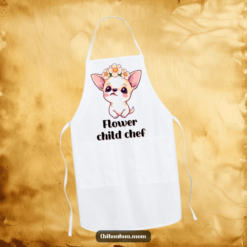 Funny Chihuahua Apron, wearing a flower crown and looking upwards while cooking, a humorous and stylish kitchen accessory.