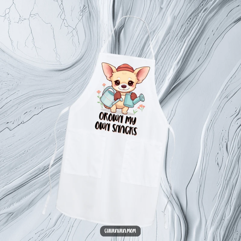 Funny Chihuahua Gardener Apron: A chihuahua wears oversized gloves and holds a tiny watering can, for gardening, gift.