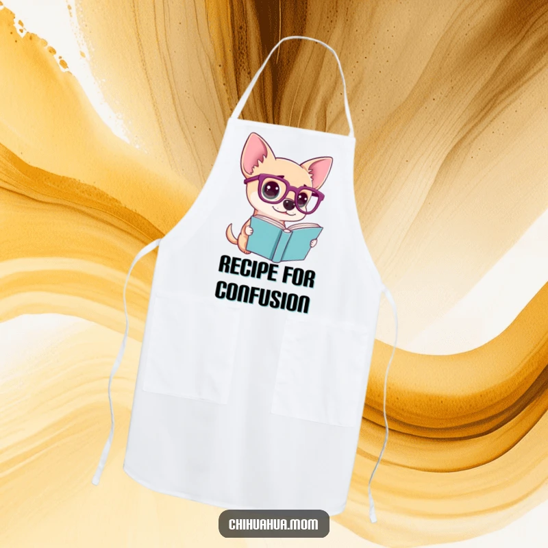 Funny apron showing a chihuahua wearing oversized glasses, looking confused at a book, ideal for kitchen or reading.