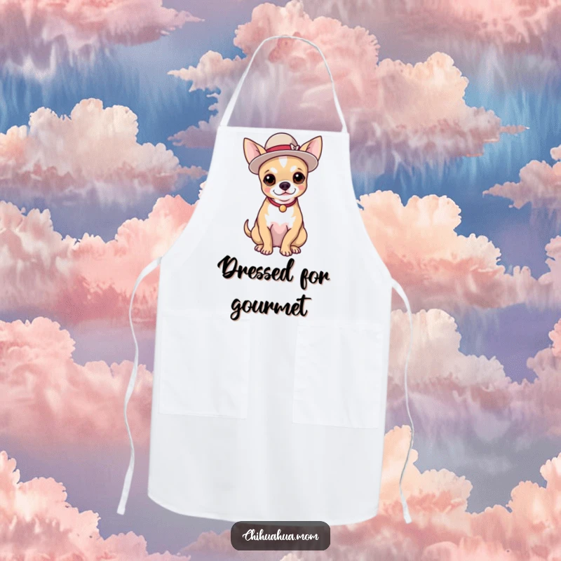 Funny apron featuring a chihuahua wearing a tiny, elegant hat and posing proudly, perfect for cooks.