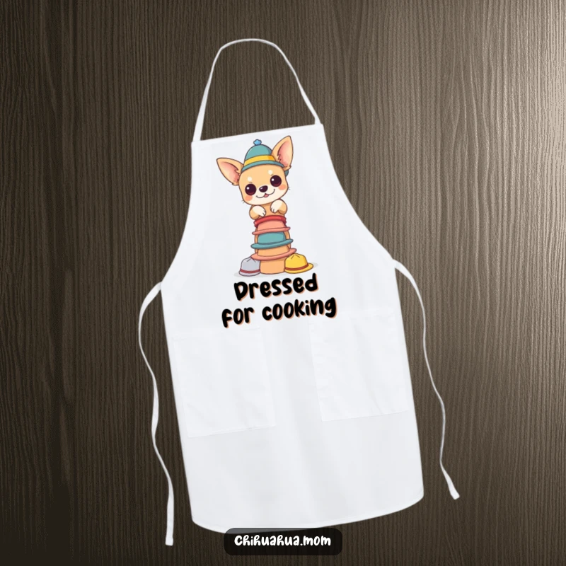 Funny chihuahua hat apron. A chihuahua balances a pile of tiny hats, offering a humorous and eye-catching statement for kitchen activities.