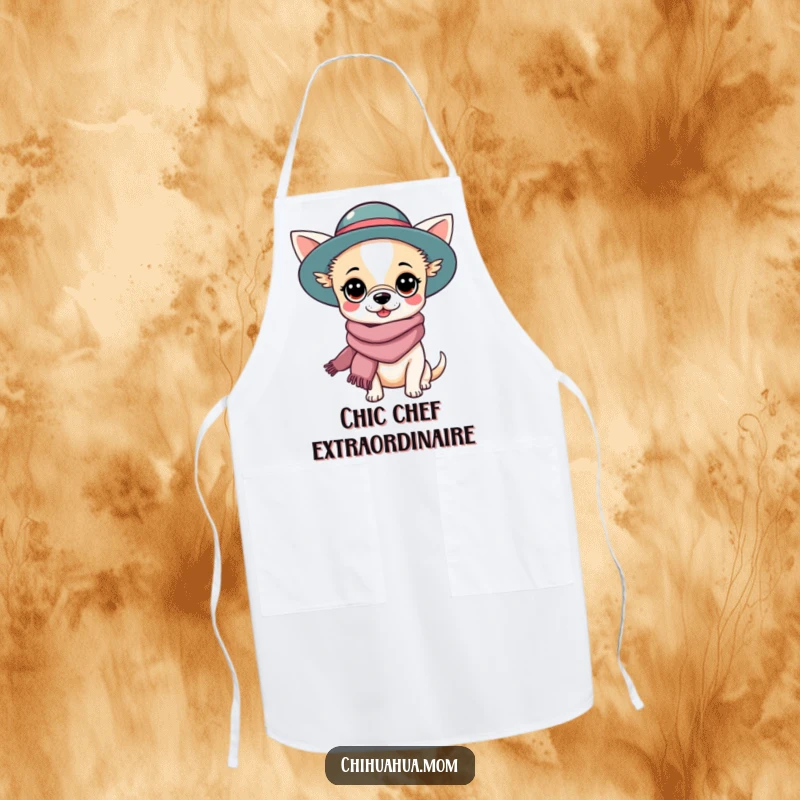 Funny Chihuahua Lady Apron: Kawaii character dressed fashionably with hat and scarf, ready to cook. Fun funny gift for chefs.