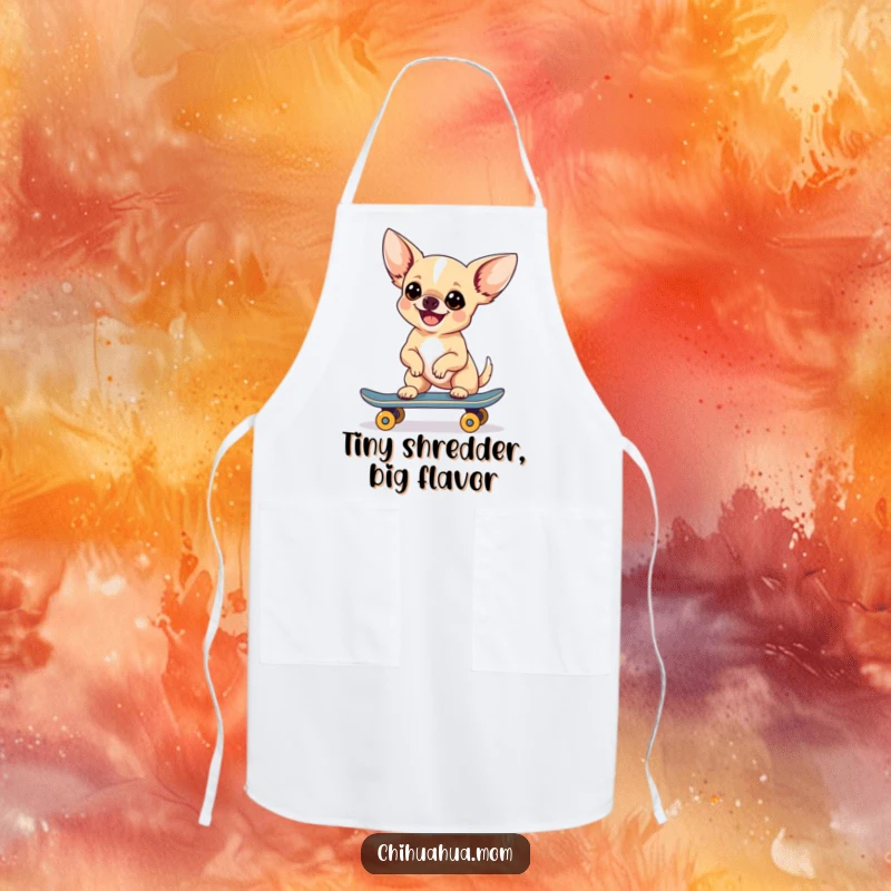 Funny Chihuahua Skateboarder Apron showing a dog on a skateboard, ready for kitchen adventures and mess protection.