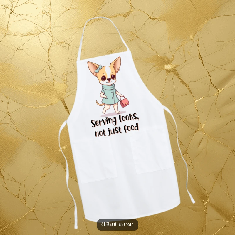Funny fashionable chihuahua woman apron showing her strutting with a tiny purse while ready to cook, combining fashion and function.
