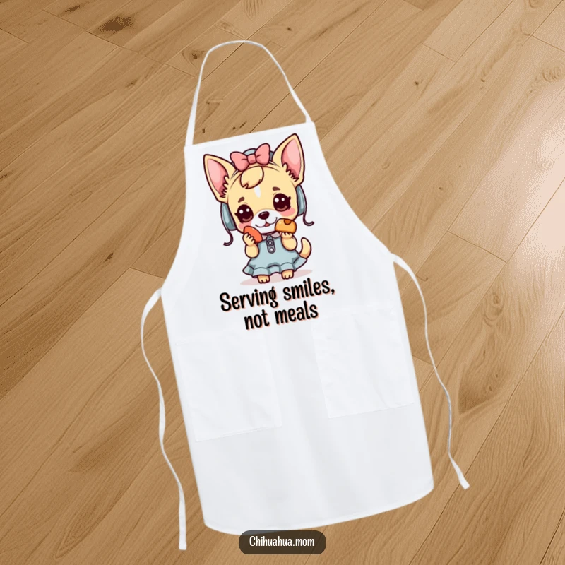 Funny Kawaii chihuahua lady apron with a cute character offering a treat, ideal for kitchen fun.