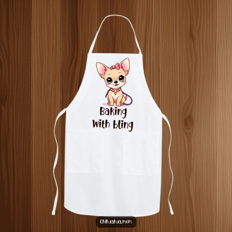 Funny kawaii chihuahua lady character wearing an apron, showing off a sparkly collar and leash, a humorous kitchen scene.