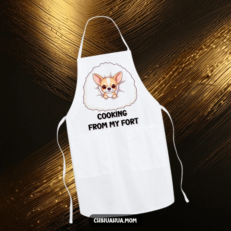 Funny Peekaboo Chihuahua Apron: A dog peeks from under a blanket. Hilarious kitchen wear.