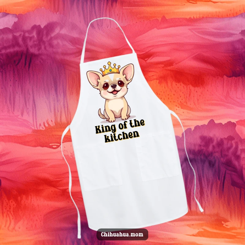 Funny Chihuahua Apron: Tiny crowned dog barking commands in the kitchen, regal chef attire, humorous cooking accessory.