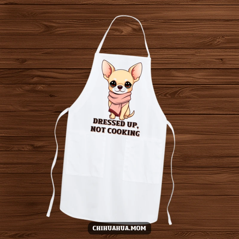 Funny Chihuahua Apron: A chihuahua wearing a chic scarf, looking sophisticated and ready to impress. A fun funny gift.