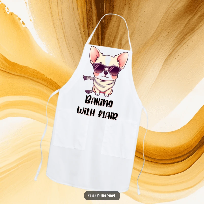 Funny apron: a tiny chihuahua dog wearing fashionable sunglasses and a chic scarf while cooking.