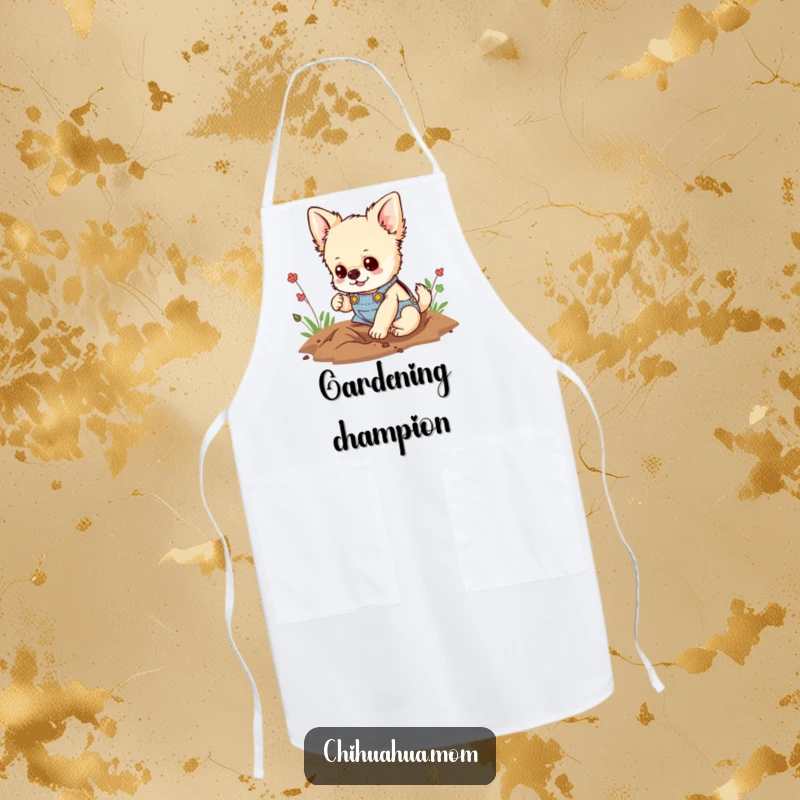 Funny apron with a chihuahua wearing tiny overalls, happily digging a hole, perfect for kitchen use and adding a playful vibe.