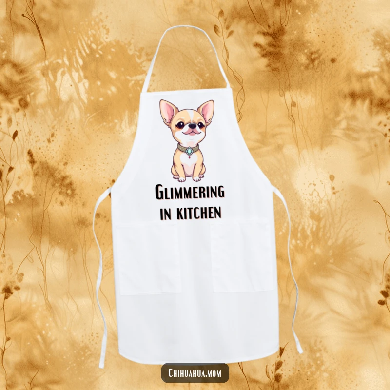 Funny proud chihuahua showing off a tiny, bejeweled collar on a stylish and humorous kitchen apron.