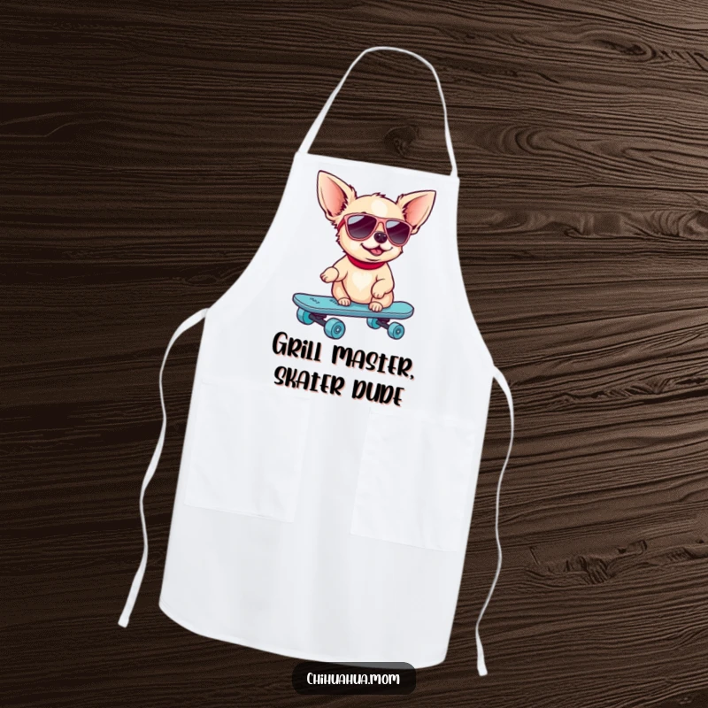 Funny Skater Chihuahua Apron: A dog in sunglasses rides a skateboard. Hilarious kitchen wear.