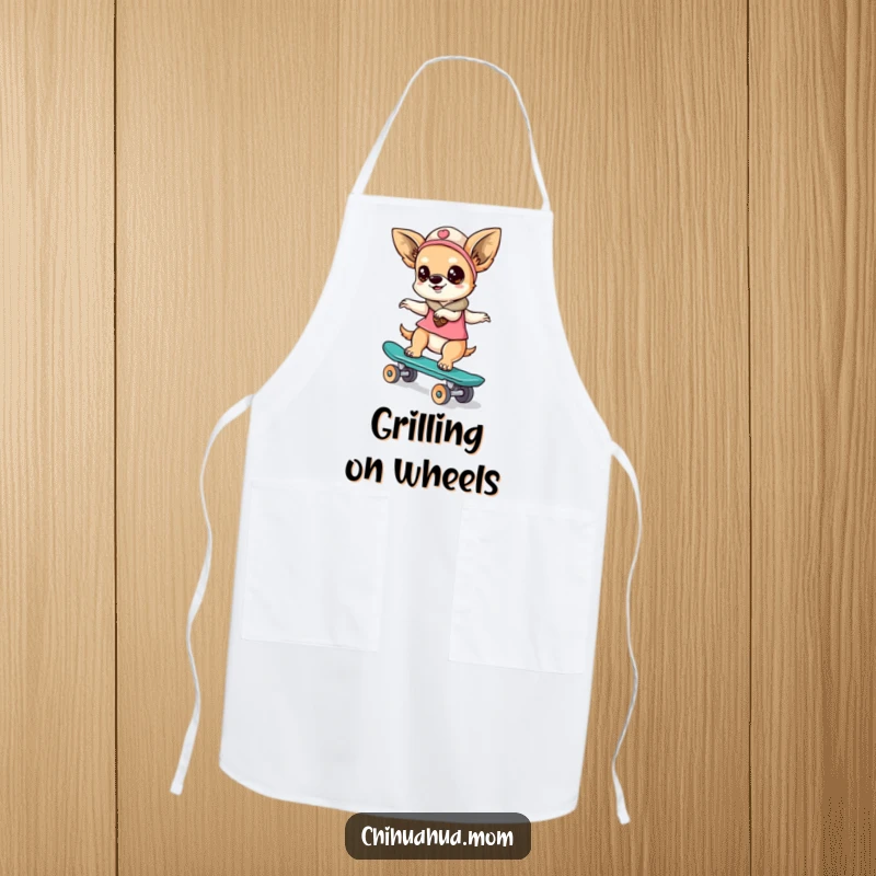 Funny kawaii chihuahua lady character wearing an apron, balancing on a skateboard in a kitchen setting, a humorous scene.