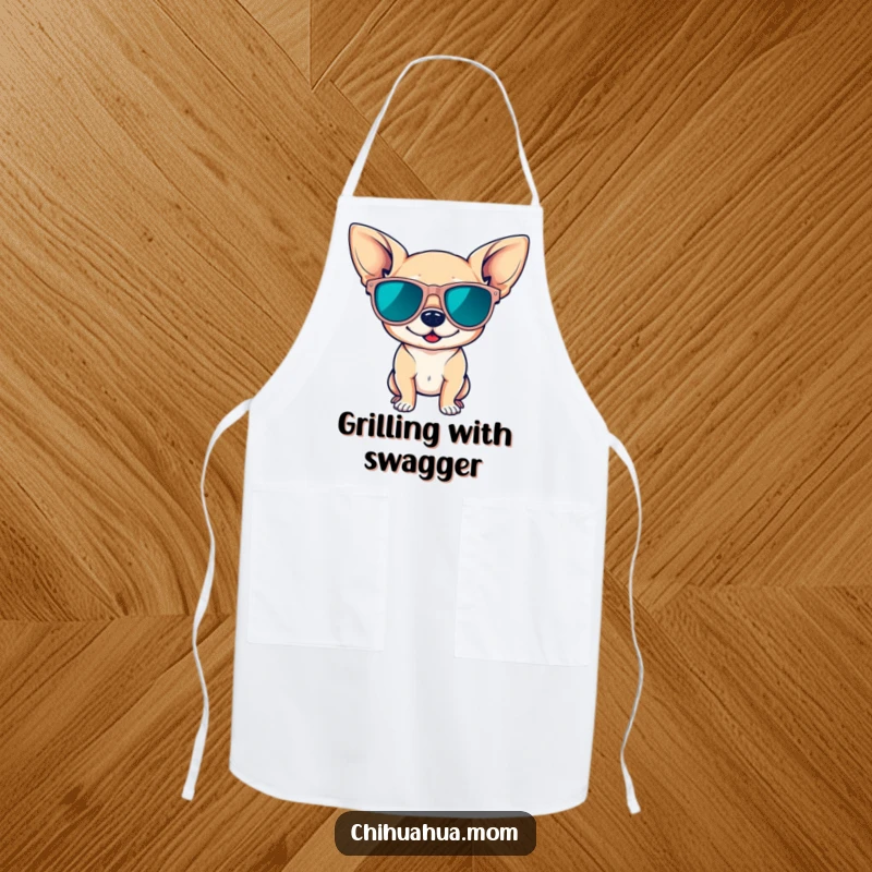 Funny apron with a chihuahua wearing oversized sunglasses, striking a confident pose, perfect for kitchen use and adding a cool vibe.