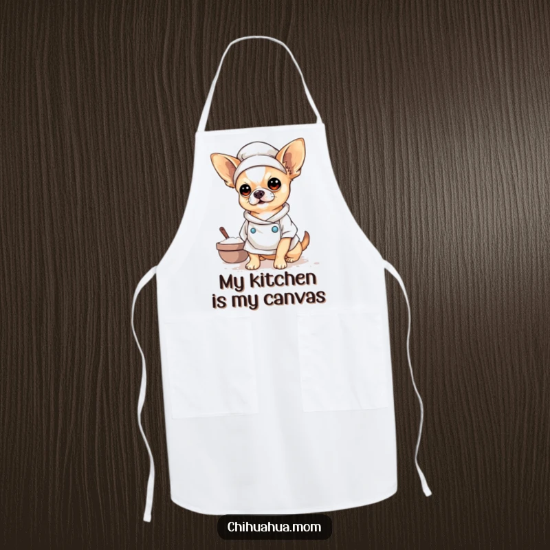 Funny Baker Chihuahua Apron showing a chihuahua in a chef hat, covered in flour, ready for any funny kitchen adventure.