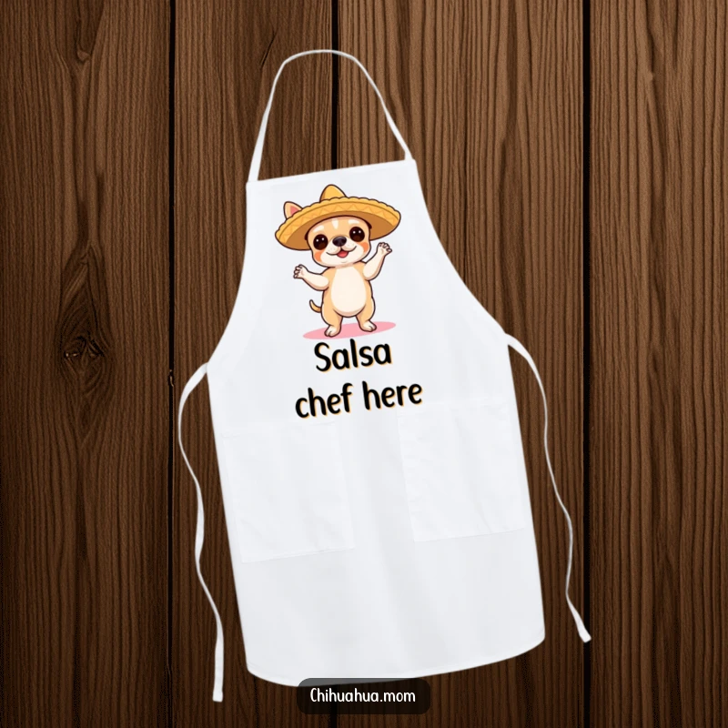 Funny Chihuahua Apron: A cute chihuahua in a sombrero is humorously depicted dancing flamenco while wearing an apron.