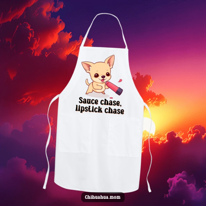 Funny apron featuring a chihuahua playfully chasing a rolling lipstick, perfect for cooks.