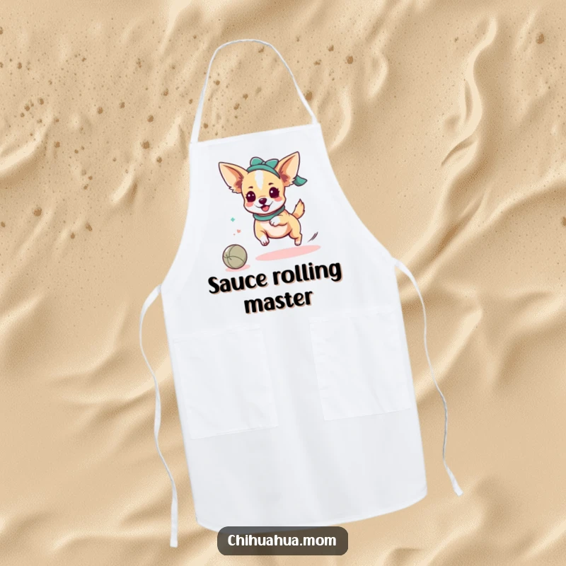 Funny Chihuahua Lady Apron: Kawaii character energetically chasing a rolling ball. Fun funny gift for kitchen enthusiasts.