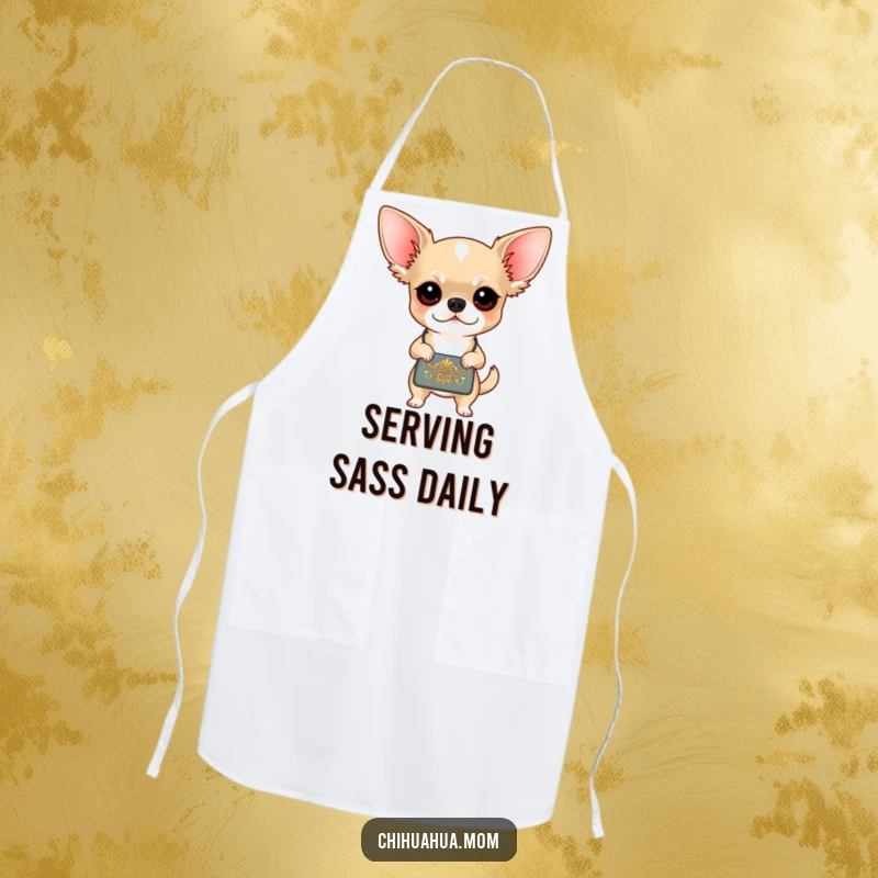 Funny Chihuahua Chef Apron: A determined chihuahua sporting an apron, ready to cook with her handbag nearby. Hilarious kitchen accessory.
