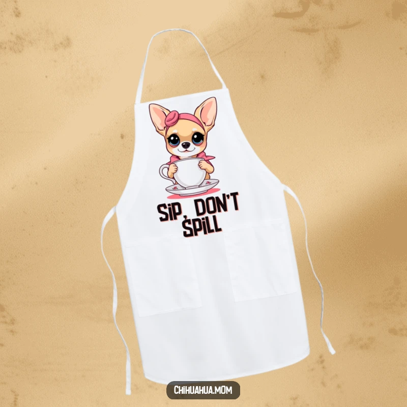 Funny chihuahua dressed as a fashion model with a teacup, ideal for a humorous chef's apron.