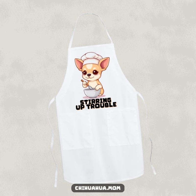 Funny Chihuahua Apron, a chihuahua chef stirs a tiny bowl, a humorous and practical accessory for any kitchen.