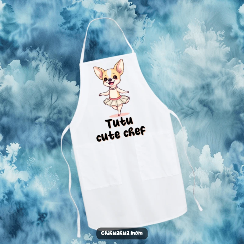 Funny Chihuahua Ballerina Apron: A smiling chihuahua in a tutu attempts a clumsy twirl, while cooking, chef gift.