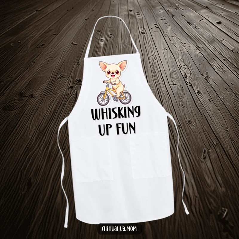 Funny apron featuring a chihuahua joyfully riding a miniature bicycle, perfect for kitchen activities with humorous, happy vibes.