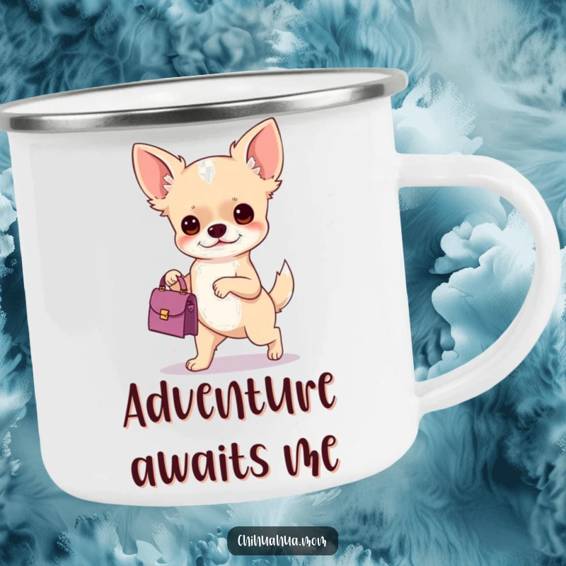 Funny camping mug with a chihuahua holding a handbag, designed for adventures with determined, humorous style.