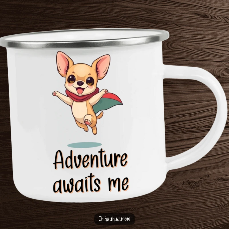 Funny Chihuahua Camping Mug: Playful dog in superhero cape leaping energetically, heroic outdoor drinkware, adventurous pet lover.