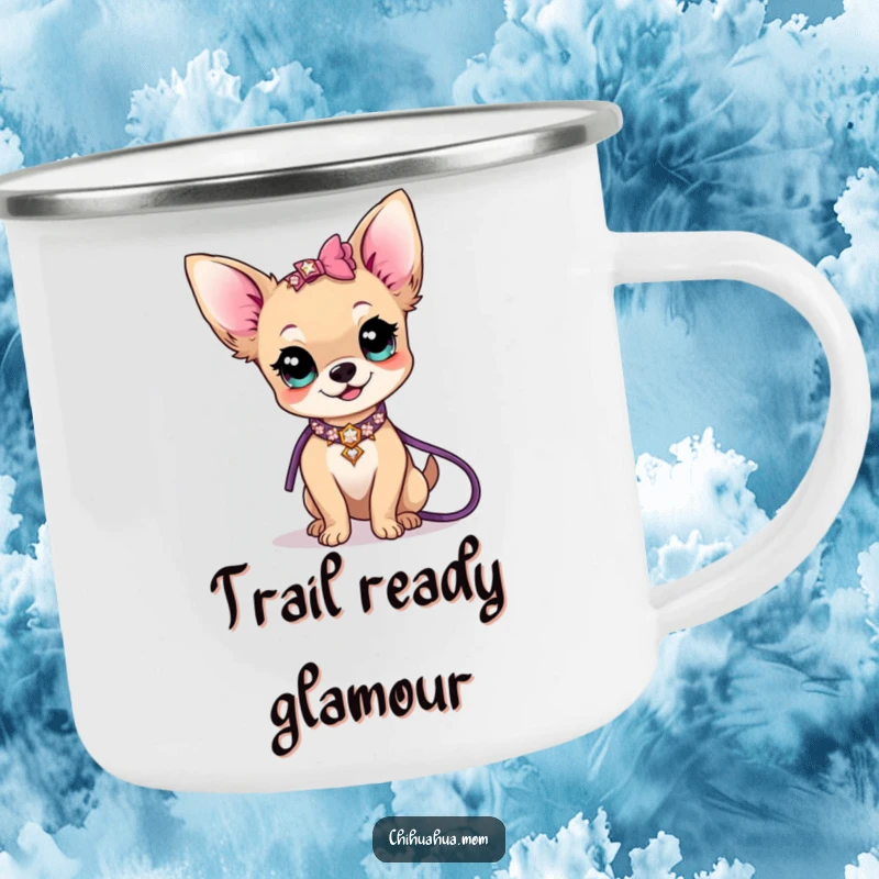 Funny kawaii chihuahua lady character holding a camping mug, sporting a sparkly collar and leash outdoors, a humorous scene.