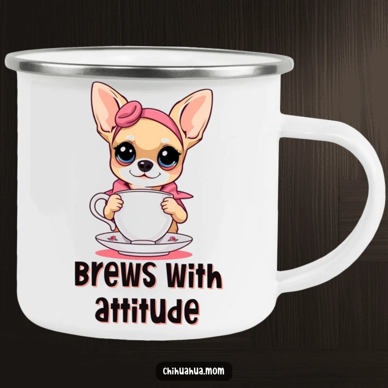 Funny chihuahua model with a teacup on a durable camping mug, combining fashion and outdoor fun.