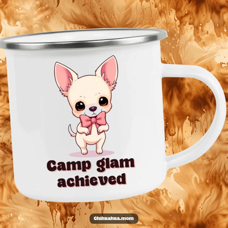 Funny Chihuahua Camping Mug: A dog prances with a large bow, ready for outdoor adventures and a stylish camp experience.