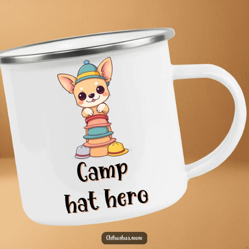 Funny chihuahua hat camping mug. A chihuahua balances a pile of tiny hats, ideal for enjoying beverages during outdoor excursions with a quirky flair.