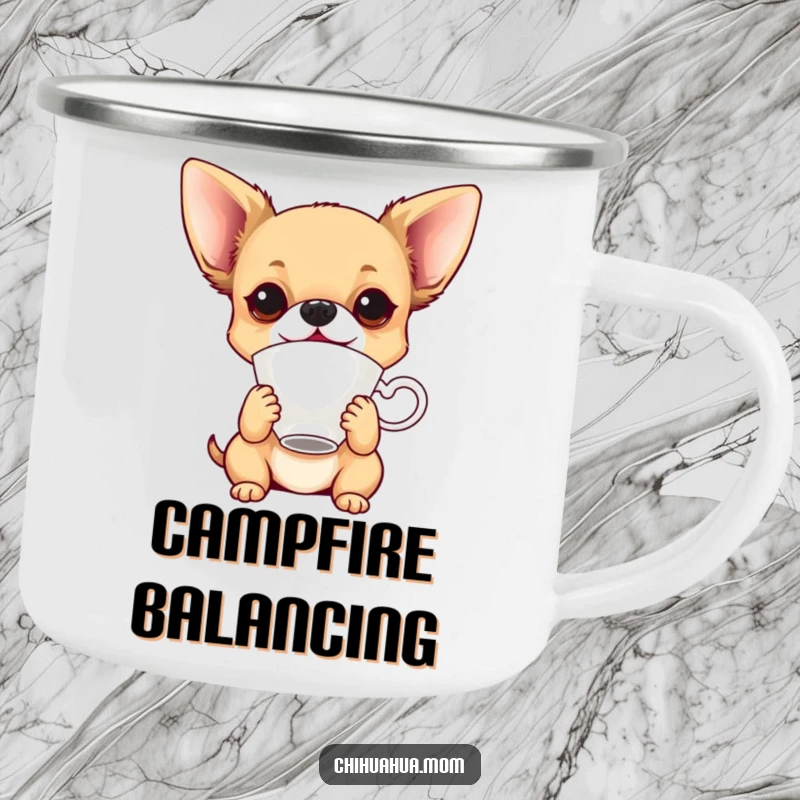 Funny playful chihuahua balancing a teacup on its nose on a camping mug, for skillful outdoor humor.