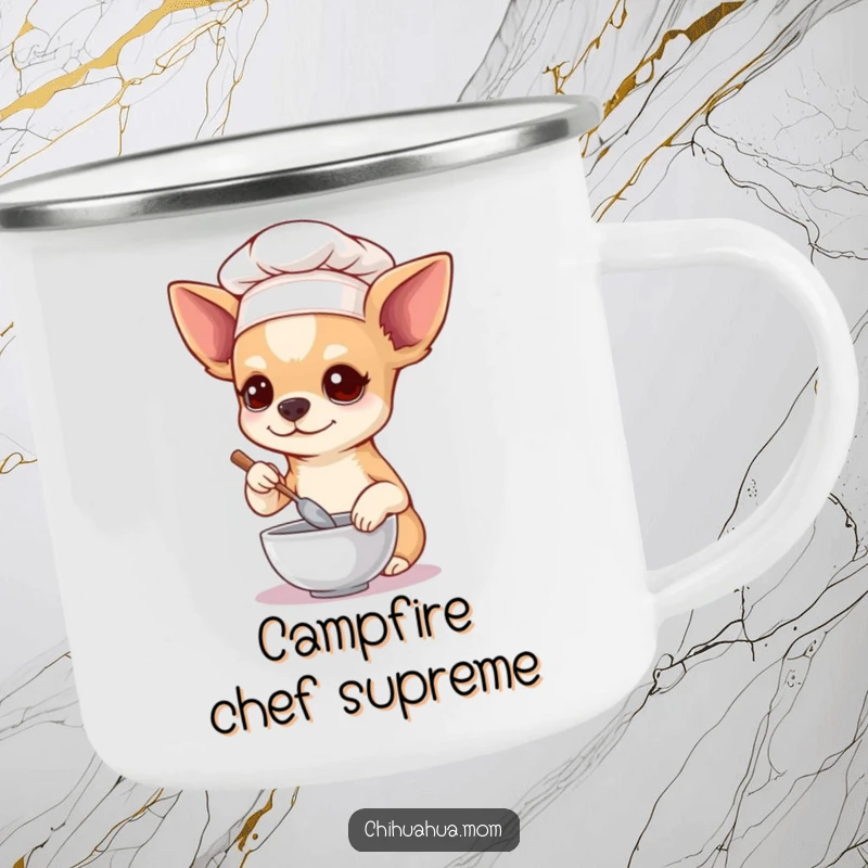 Funny Chihuahua Camping Mug, wearing a chef hat and stirring a bowl, combining culinary fun with outdoor adventure.
