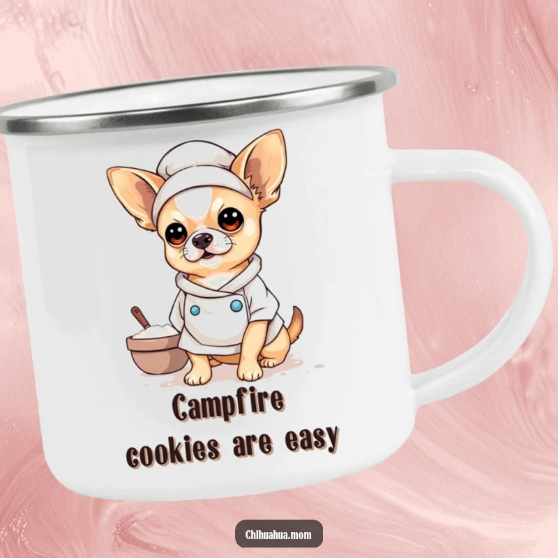 Funny Baker Chihuahua Camping Mug featuring a chihuahua in a chef hat, covered in flour, ready for funny outdoor sips.