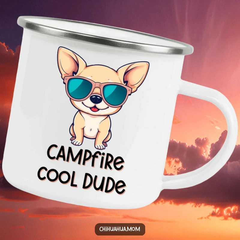 Funny camping mug of a chihuahua in oversized sunglasses, striking a confident pose, ideal for outdoor enthusiasts who love style and humor.