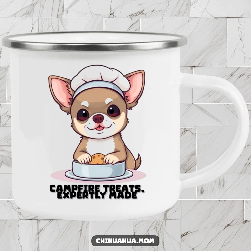 Funny Chef Chihuahua Camping Mug: A dog in a chef hat bakes a cookie. Rugged and humorous.