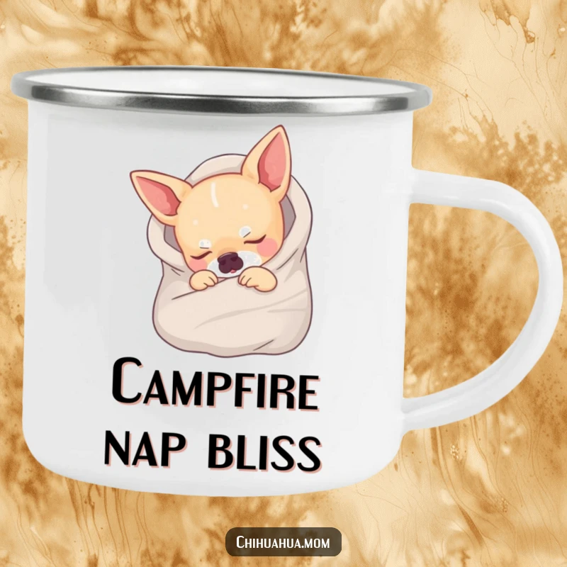 Funny camping mug showing a chihuahua wrapped in a tiny blanket, fast asleep, ideal for outdoor relaxation.